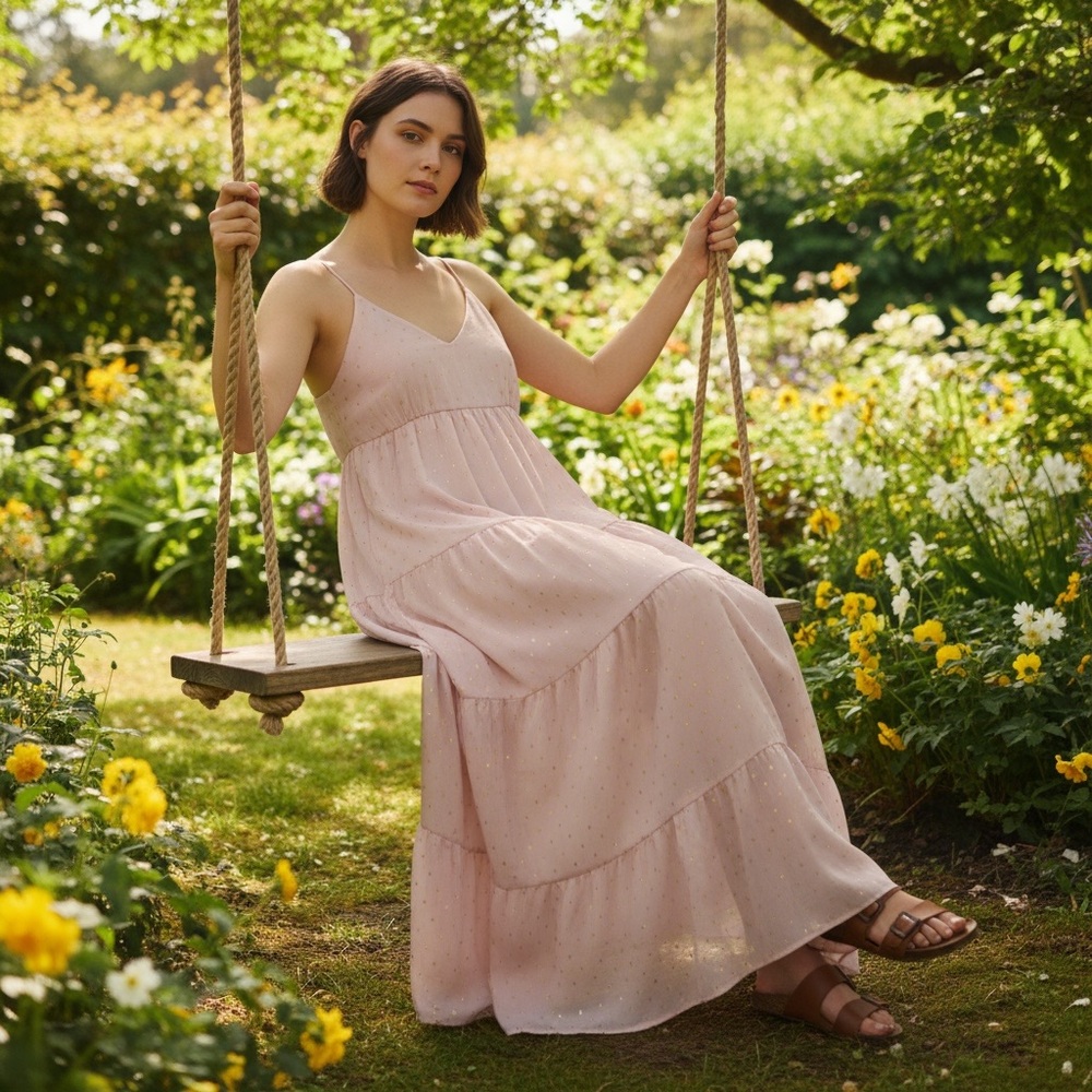 Express Blush Gold Dot Maxi Dress S | Balletcore Romantic Soft Girl Aesthetic
